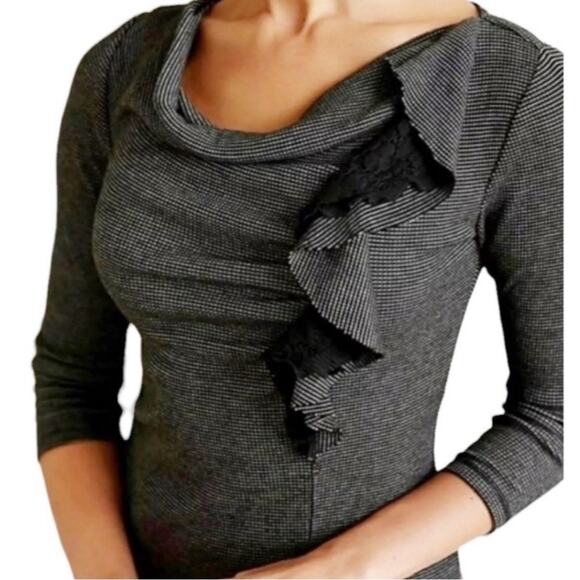 Anthropologie Deletta Black & Gray Striped Ophelia Ruffle & Lace Knit Top,Size M - Picture 2 of 12